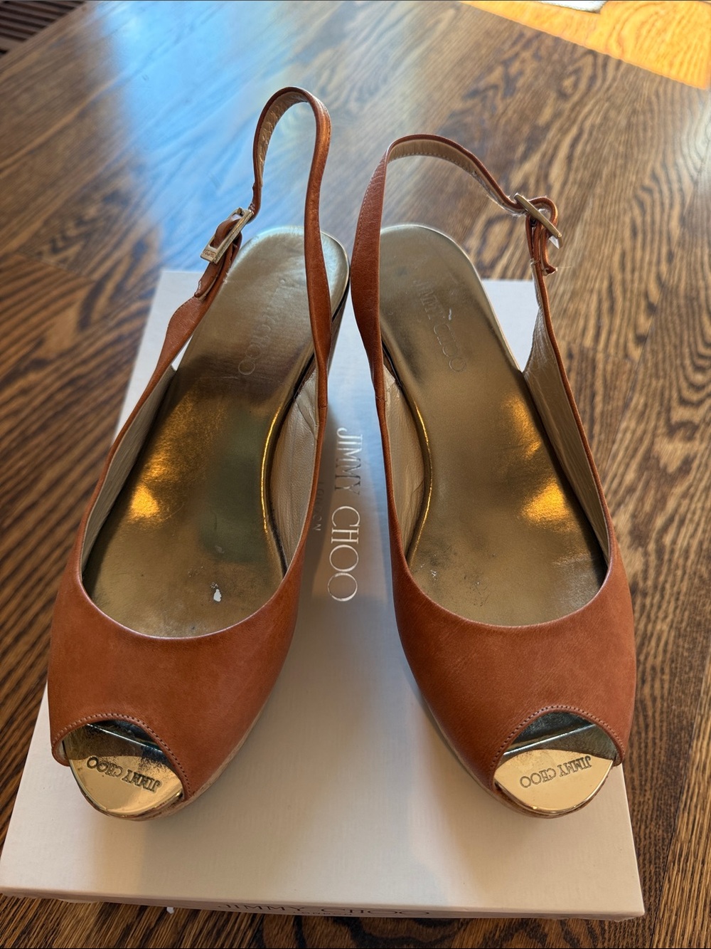Jimmy Choo Tan Suede Peep-Toe Slingback Heels with Gold Toe Caps